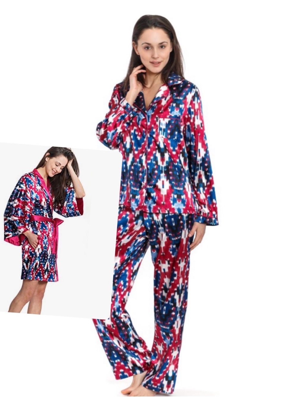 Jones New York Satin Robe and Nightgown Set in Fuchsia, Navy & White